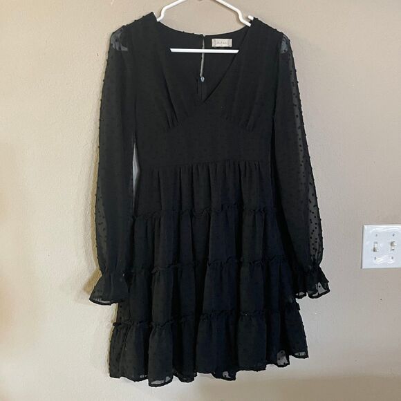 Alter’d State small Women's Deep V Neck Dress Swiss Dots Long Sleeve Ruffle - Picture 2 of 6